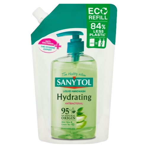 SANYTOL antb. mýdlo 95% přír.složení hydratující náhradní náplň 500ml Aloe Vera&Zelený čaj